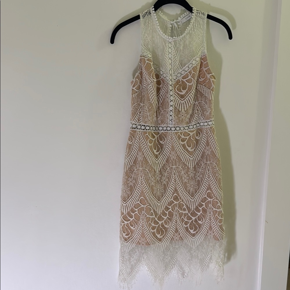 LUSH Lace asymmetrical sheath dress with halter neckline for cocktail